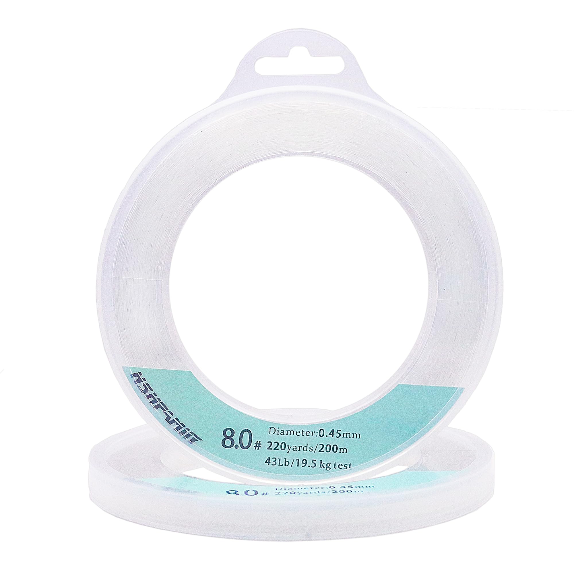 Clear fishing line on a spool showing 656ft length and 0.45mm thickness