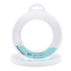Clear fishing line on a spool showing 656ft length and 0.45mm thickness