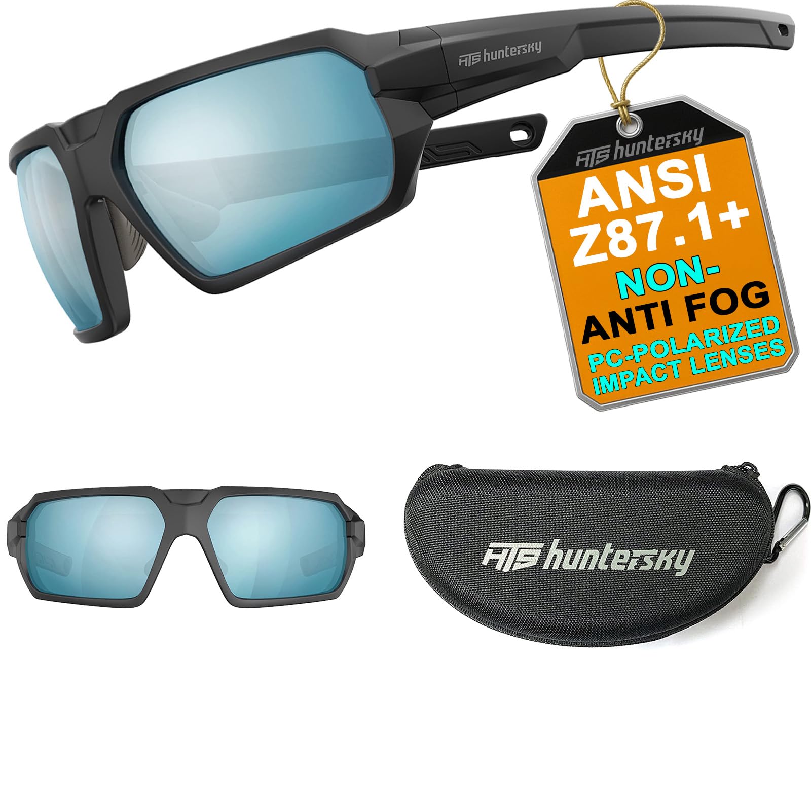 HTS HUNTERSKY Q37 blue sunglasses angled side view for rugged outdoor clarity and protection.