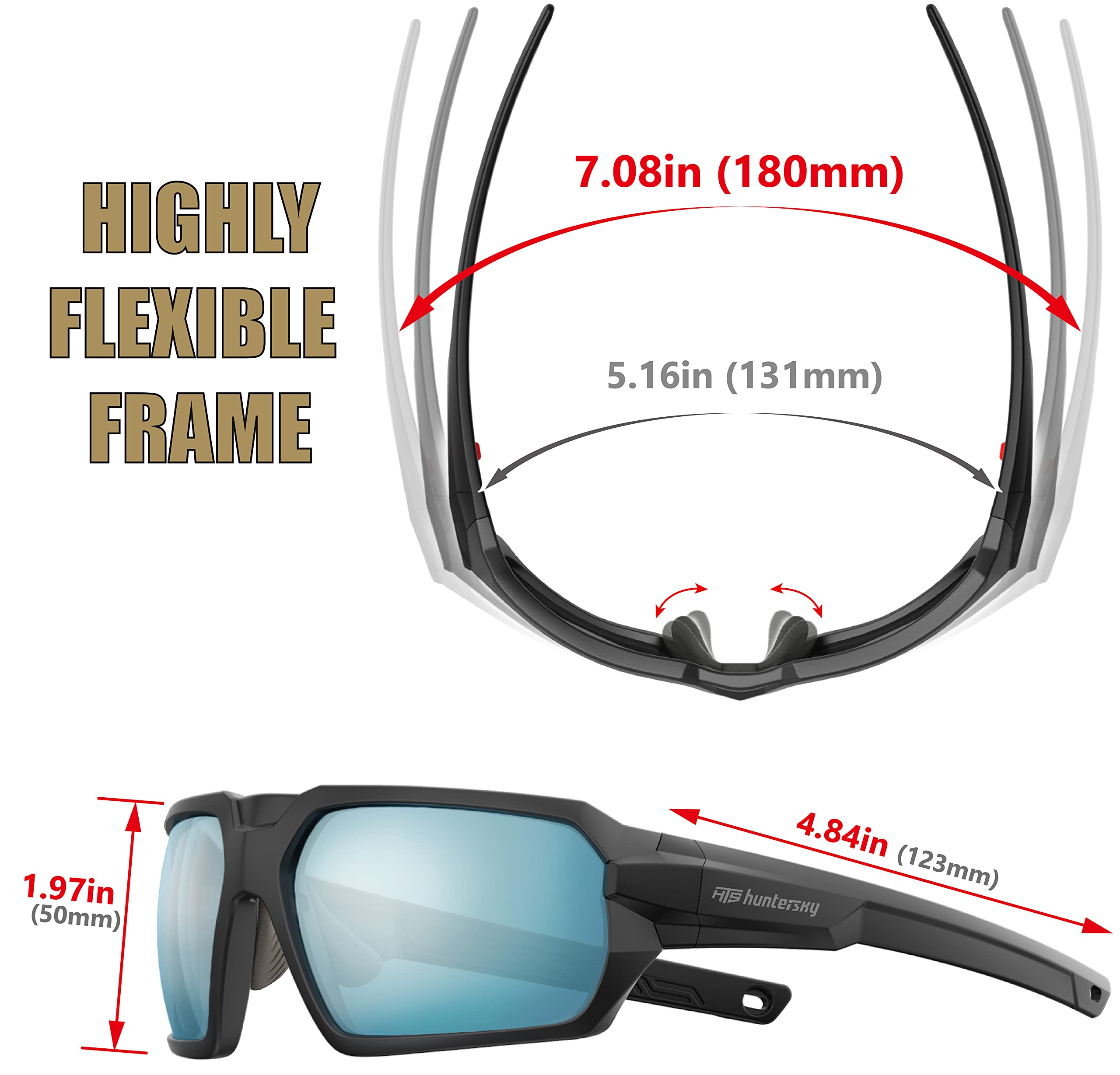 HTS HUNTERSKY Q37 blue sunglasses frame detail shows lightweight durable construction.