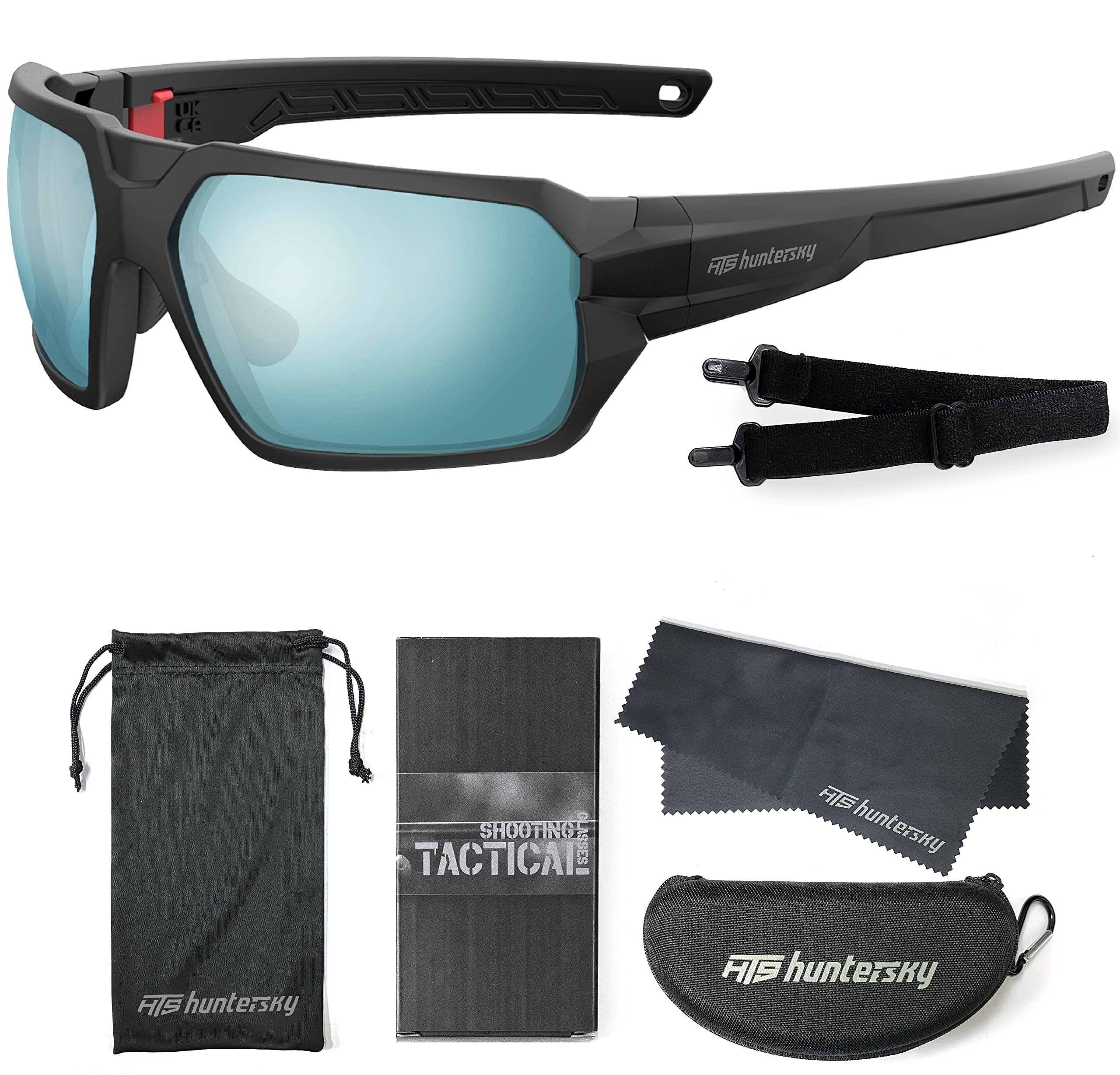 HTS HUNTERSKY Q37 blue sunglasses strap adjustment demonstrates secure fit for active wear.