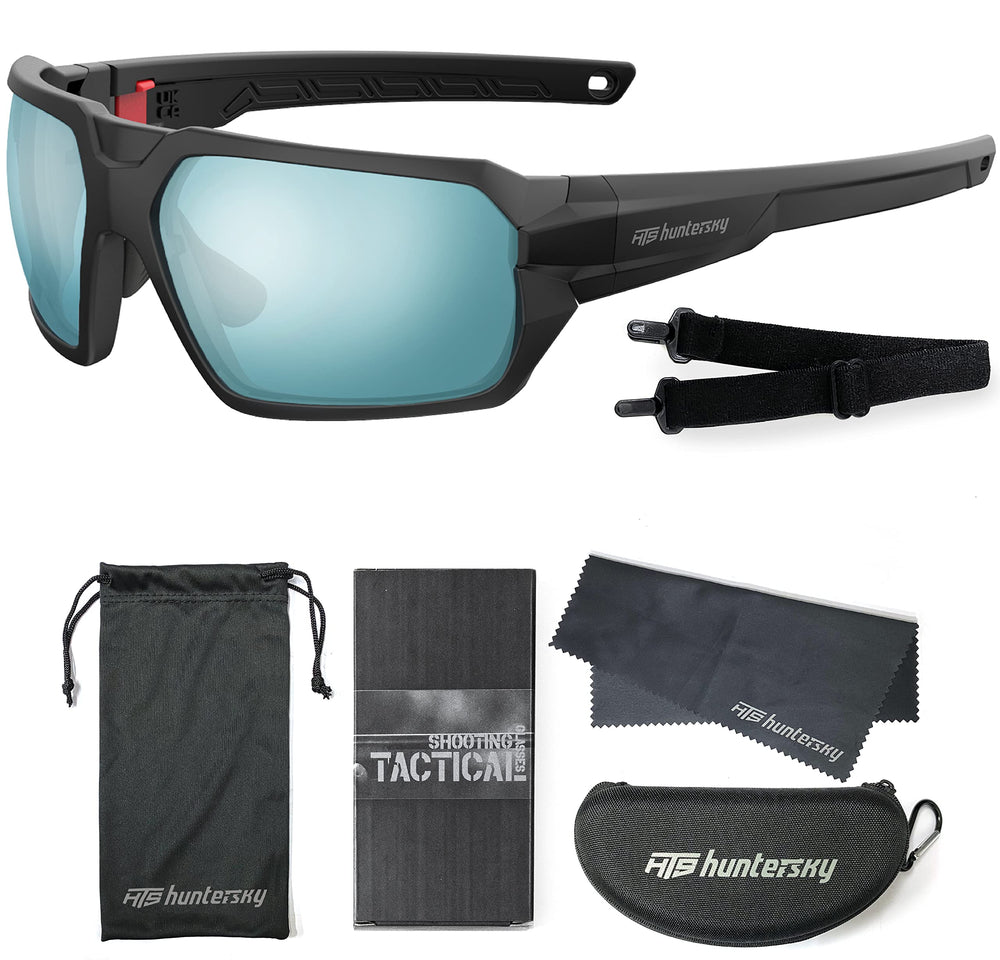 HTS HUNTERSKY Q37 blue sunglasses strap adjustment demonstrates secure fit for active wear.