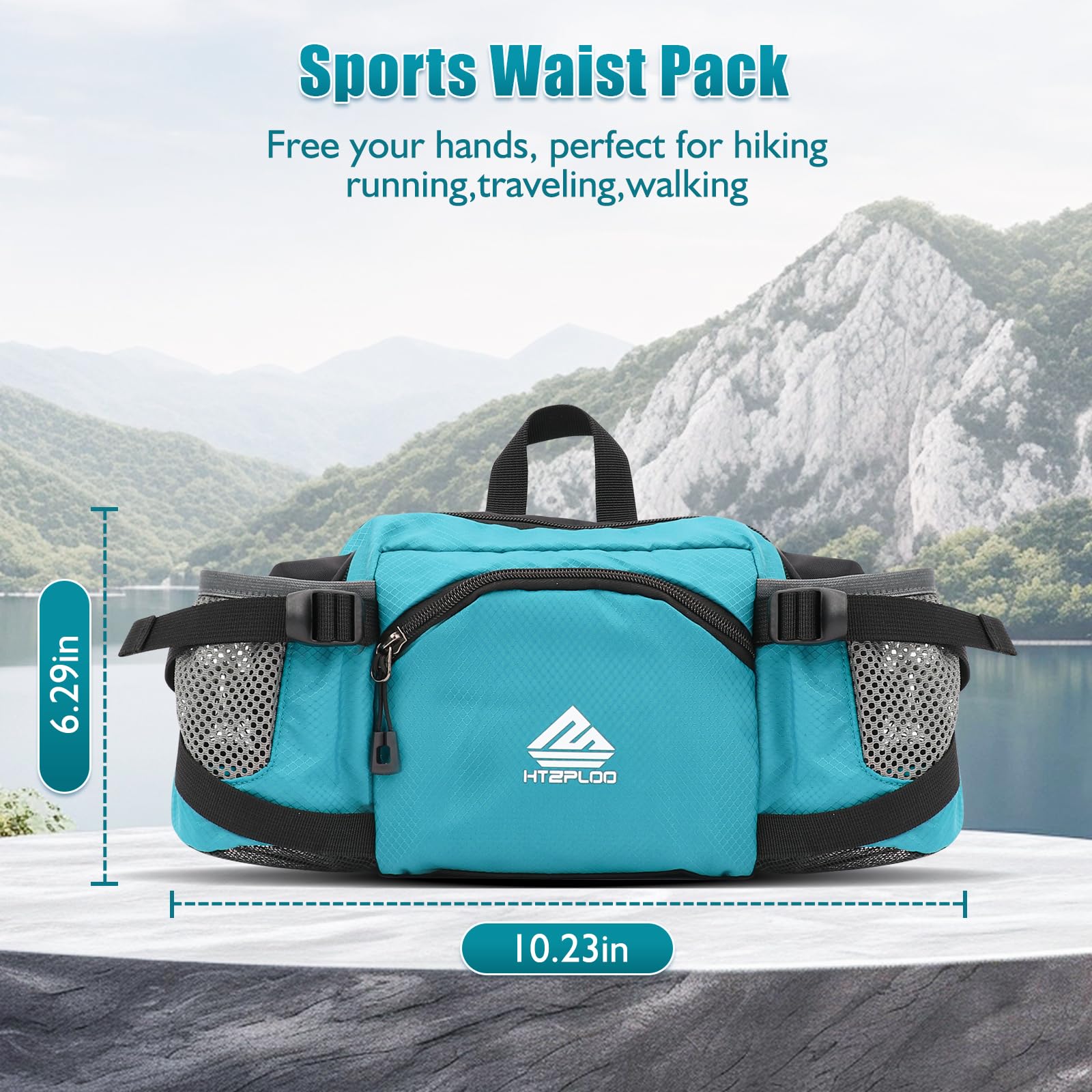 HTZPLOO fanny pack turquoise side view with bottle holder for hikes
