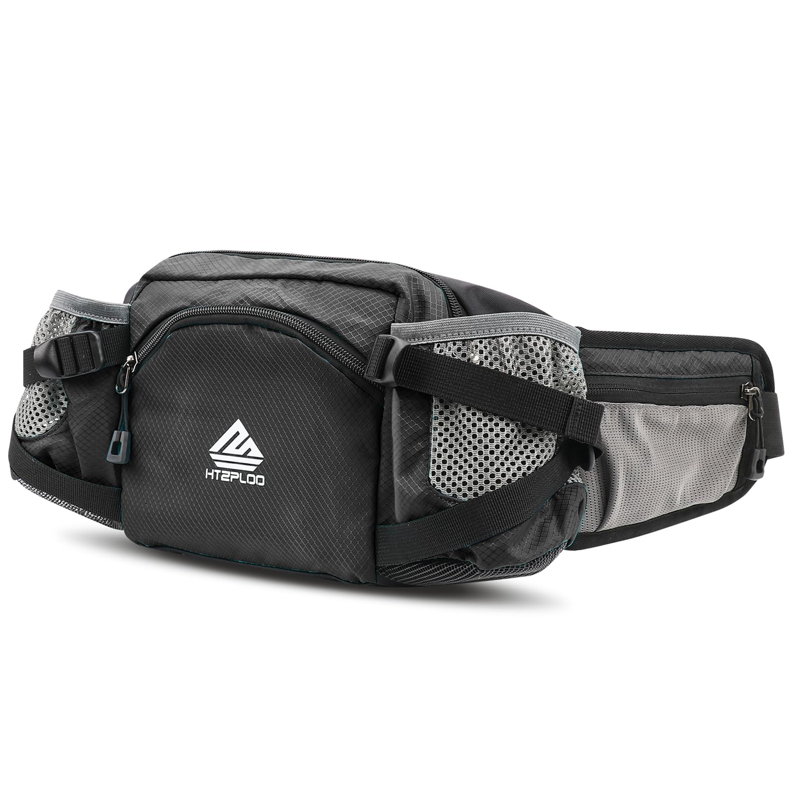 HTZPLOO fanny pack with water bottle holder, side view, hands-free convenience on hikes.
