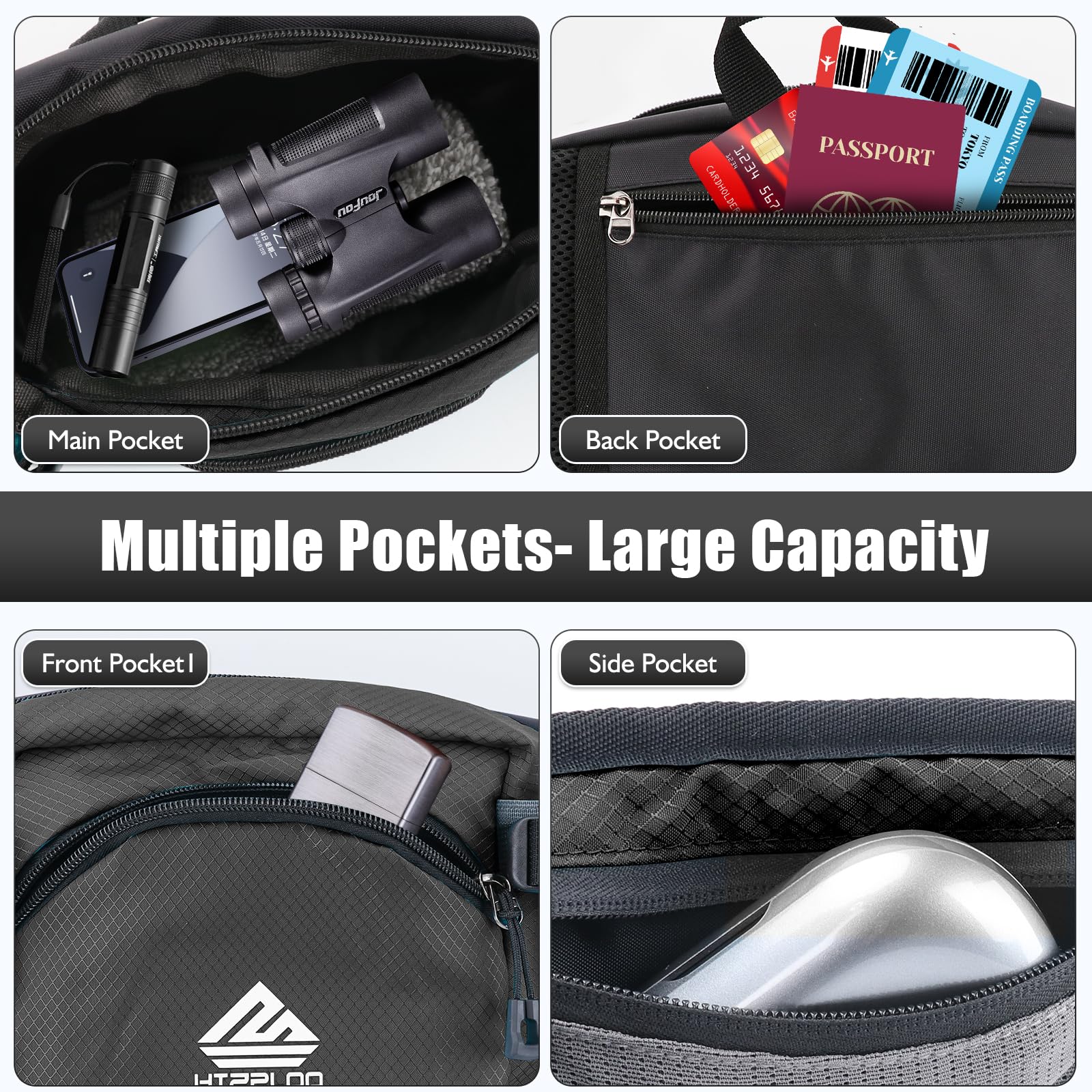 HTZPLOO waist bag offers secure zippers and reinforced stitching for durability.