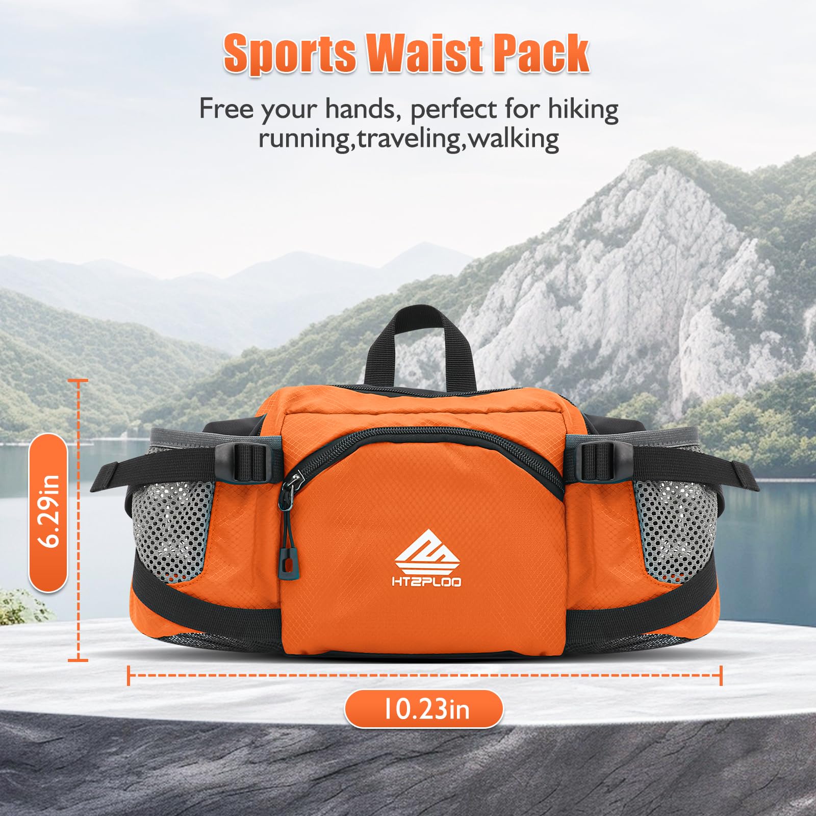 HTZPLOO orange waist bag front view highlights adjustable strap convenience
