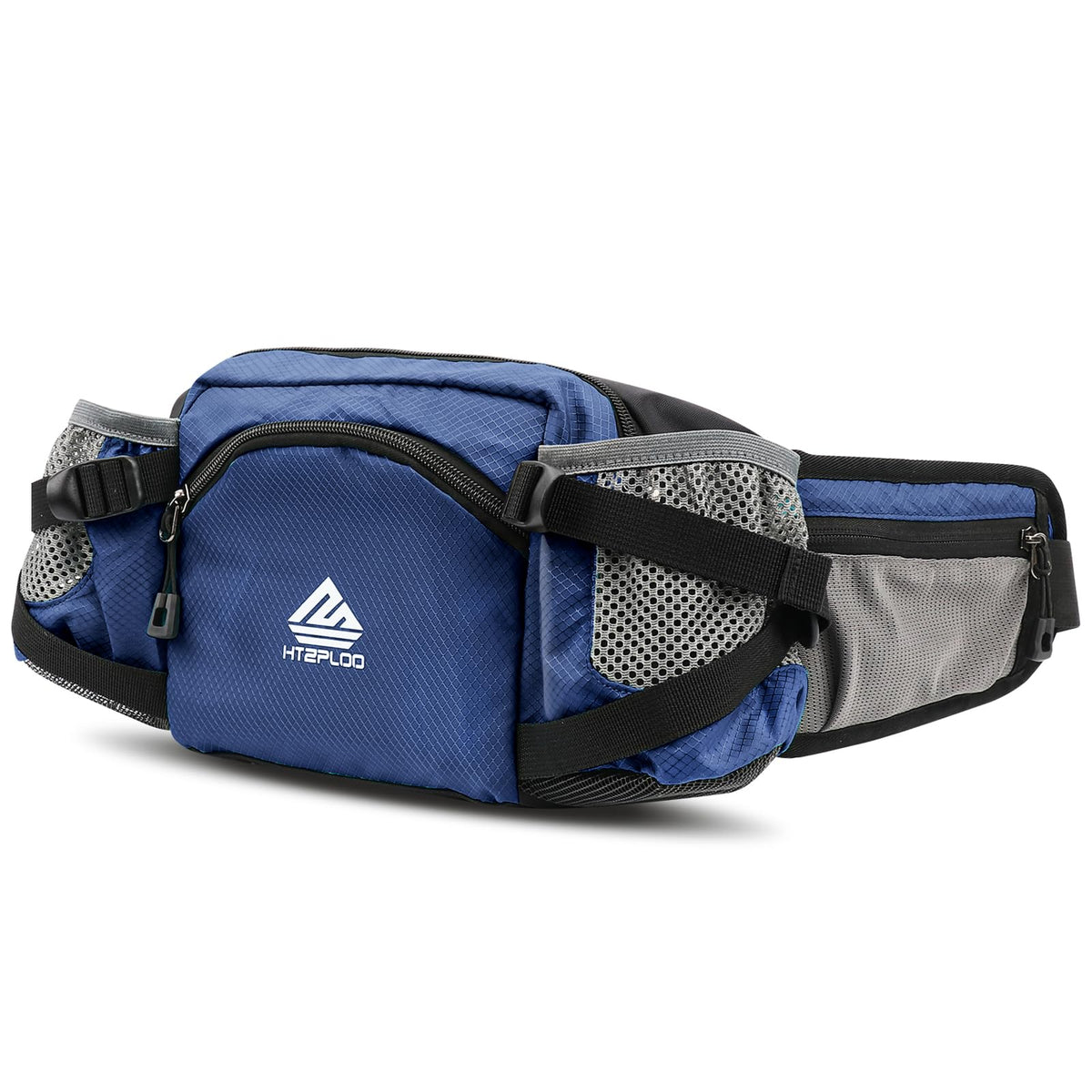 HTZPLOO fanny pack in dark blue worn as a hands-free option for outdoor adventures.