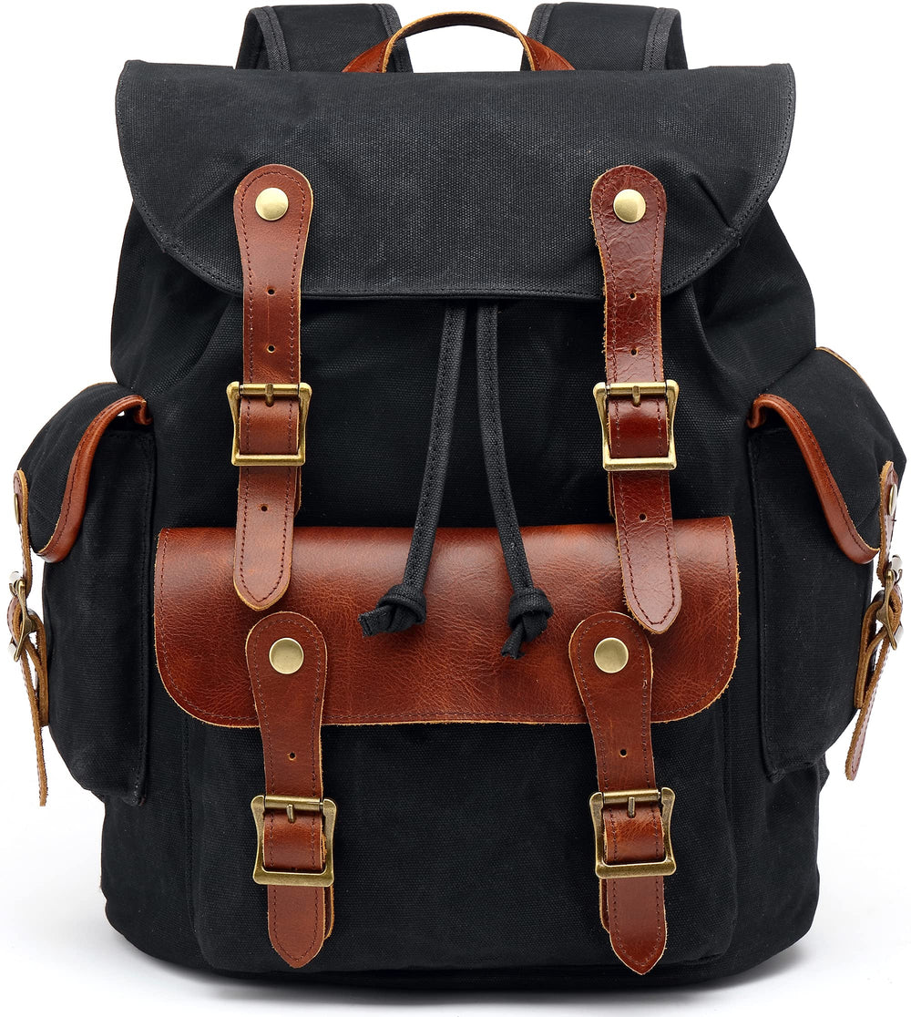 HuaChen Vintage Heavy-Duty Canvas Backpack front view highlights durable waxed canvas for everyday travel.