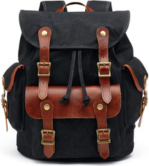 HuaChen Vintage Heavy-Duty Canvas Backpack front view highlights durable waxed canvas for everyday travel.