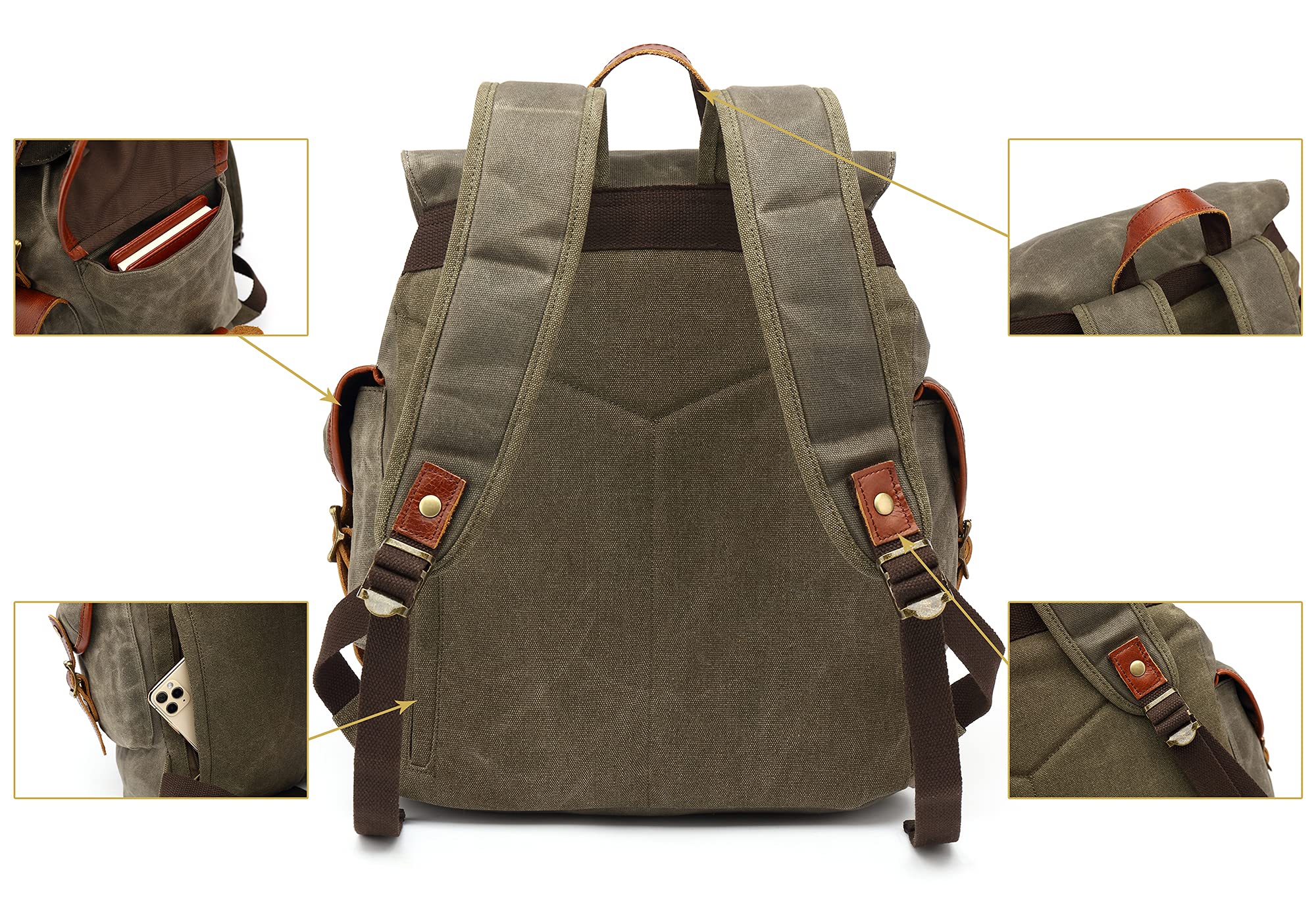 HuaChen Vintage Heavy-Duty Canvas Backpack laptop sleeve shows padded 15.6-inch protection for devices.