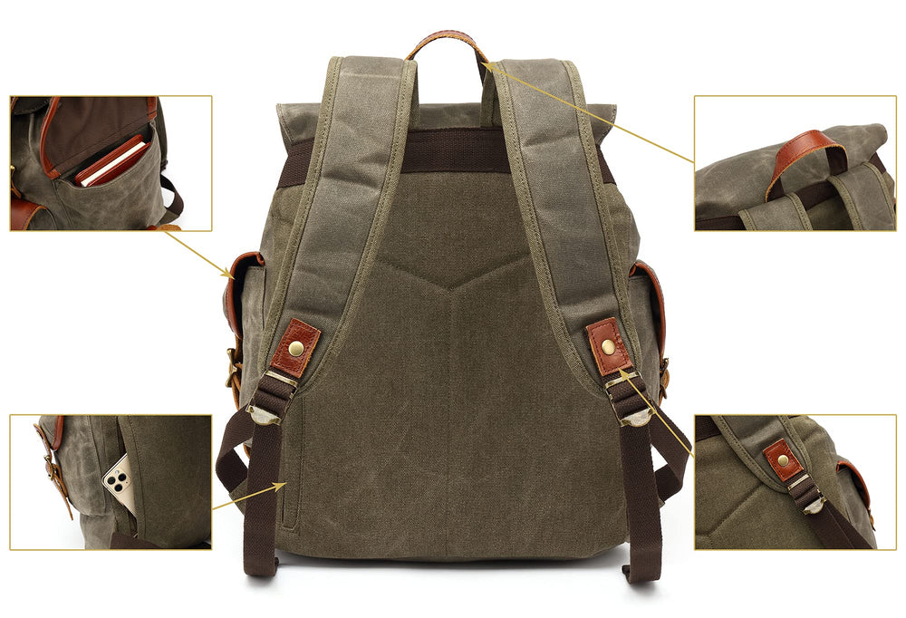 HuaChen Vintage Heavy-Duty Canvas Backpack laptop sleeve shows padded 15.6-inch protection for devices.