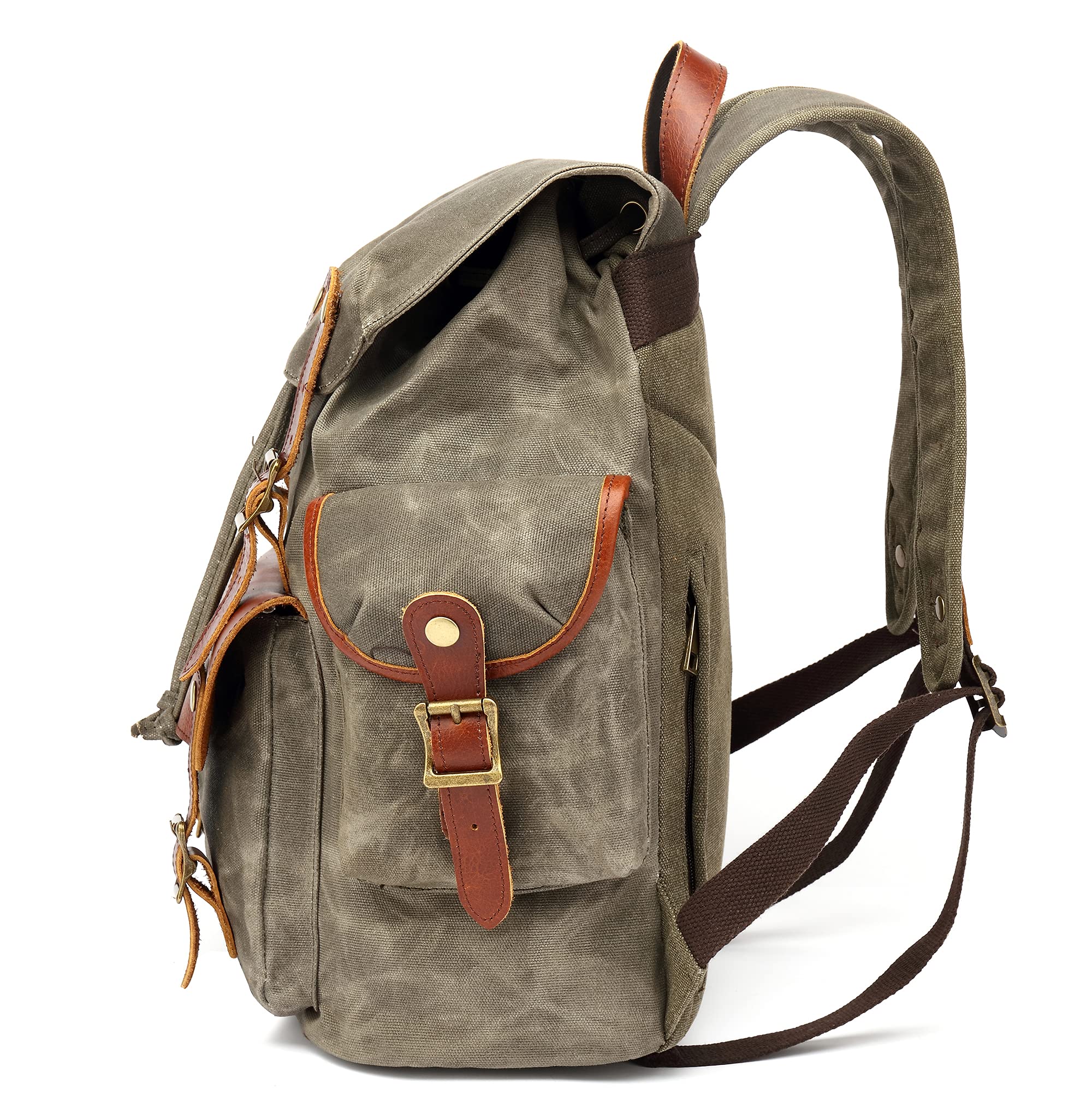 HuaChen Vintage Heavy-Duty Canvas Backpack leather trims age with patina.