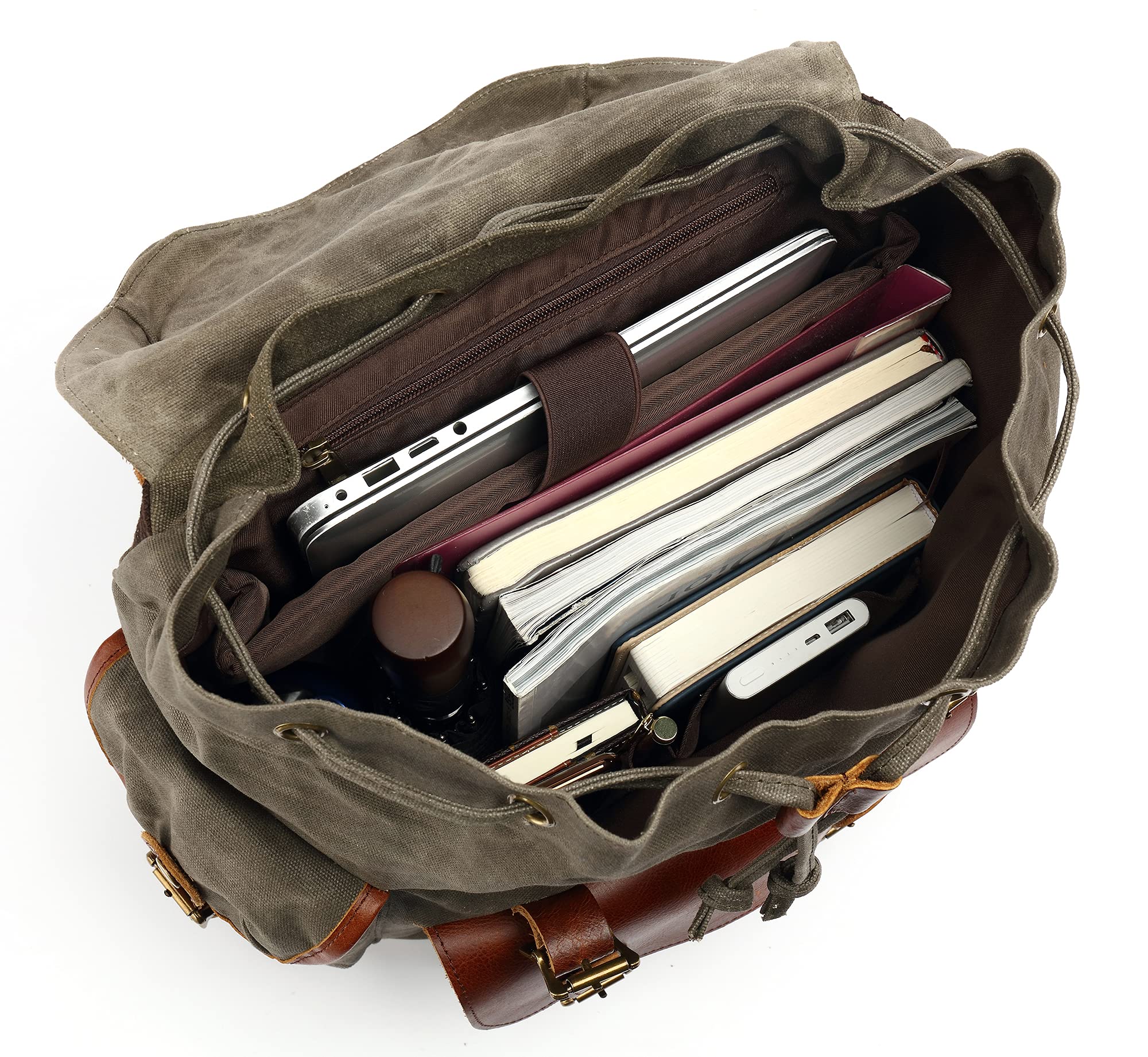 HuaChen Vintage Heavy-Duty Canvas Backpack magnetic buckle closure demonstrates quick-access on the go.