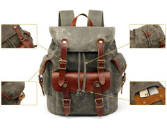 HuaChen Vintage Heavy-Duty Canvas Backpack pocket detail emphasizes secure front pocket for valuables.