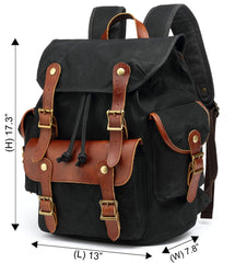 HuaChen Vintage Heavy-Duty Canvas Backpack side view with water bottle pocket demonstrates organized storage on hikes.