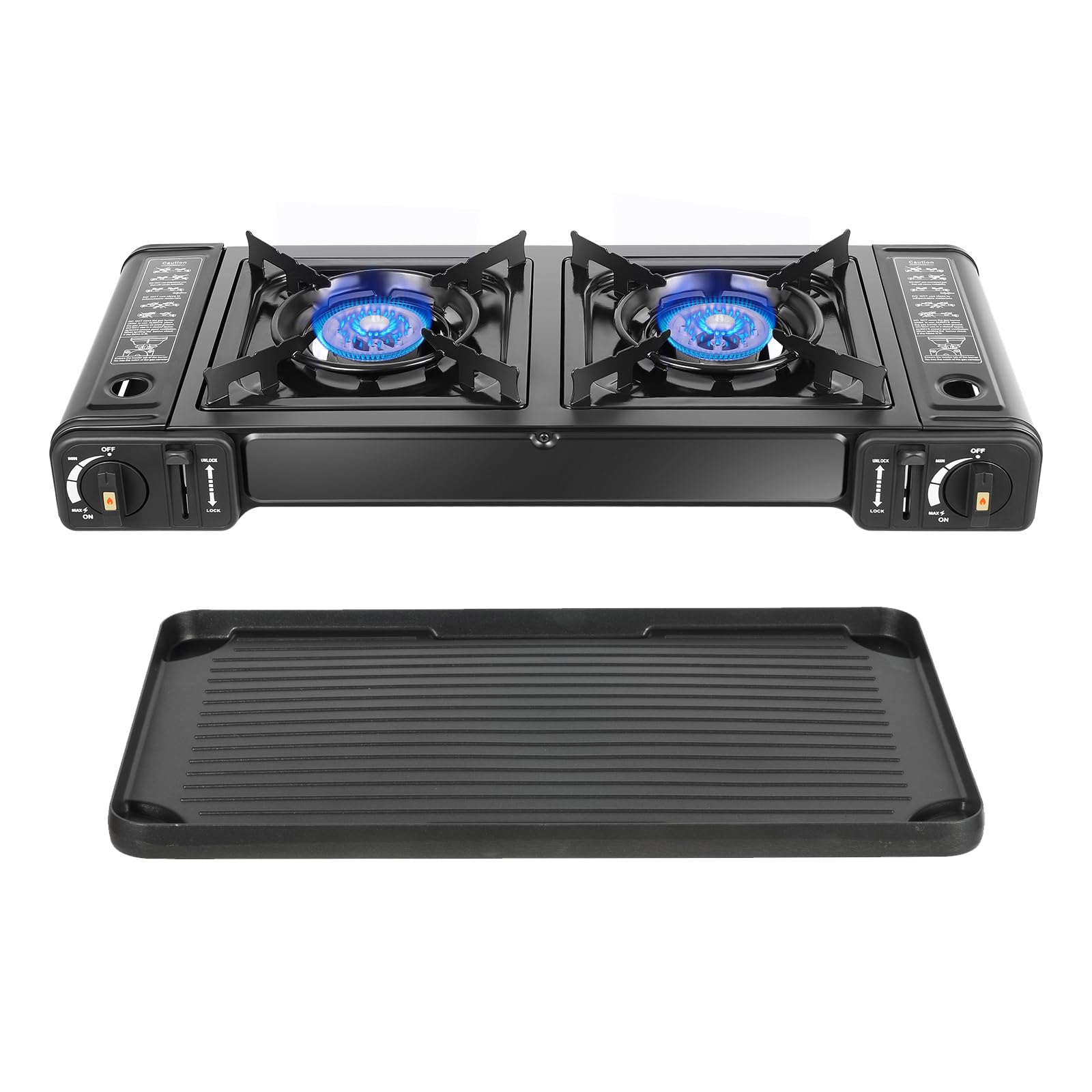 HuaShuani double burner stove front view shows dual burners for versatile cooking.