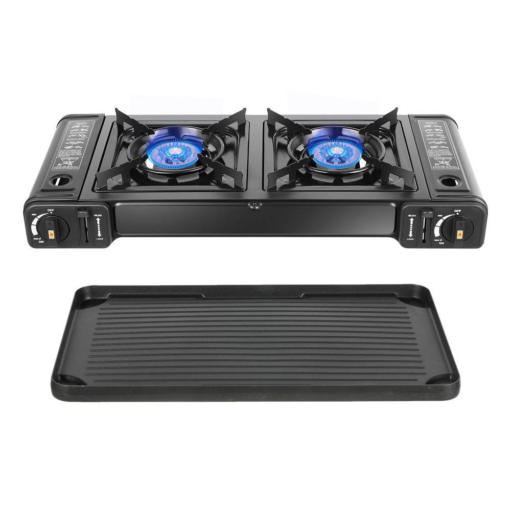 HuaShuani double burner stove front view shows dual burners for versatile cooking.
