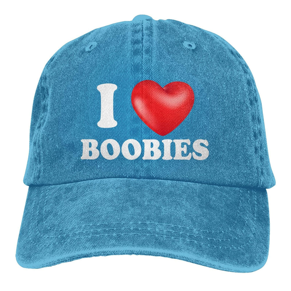 Huesdeaw I Love Boobies hat blue stitching detail, durable construction