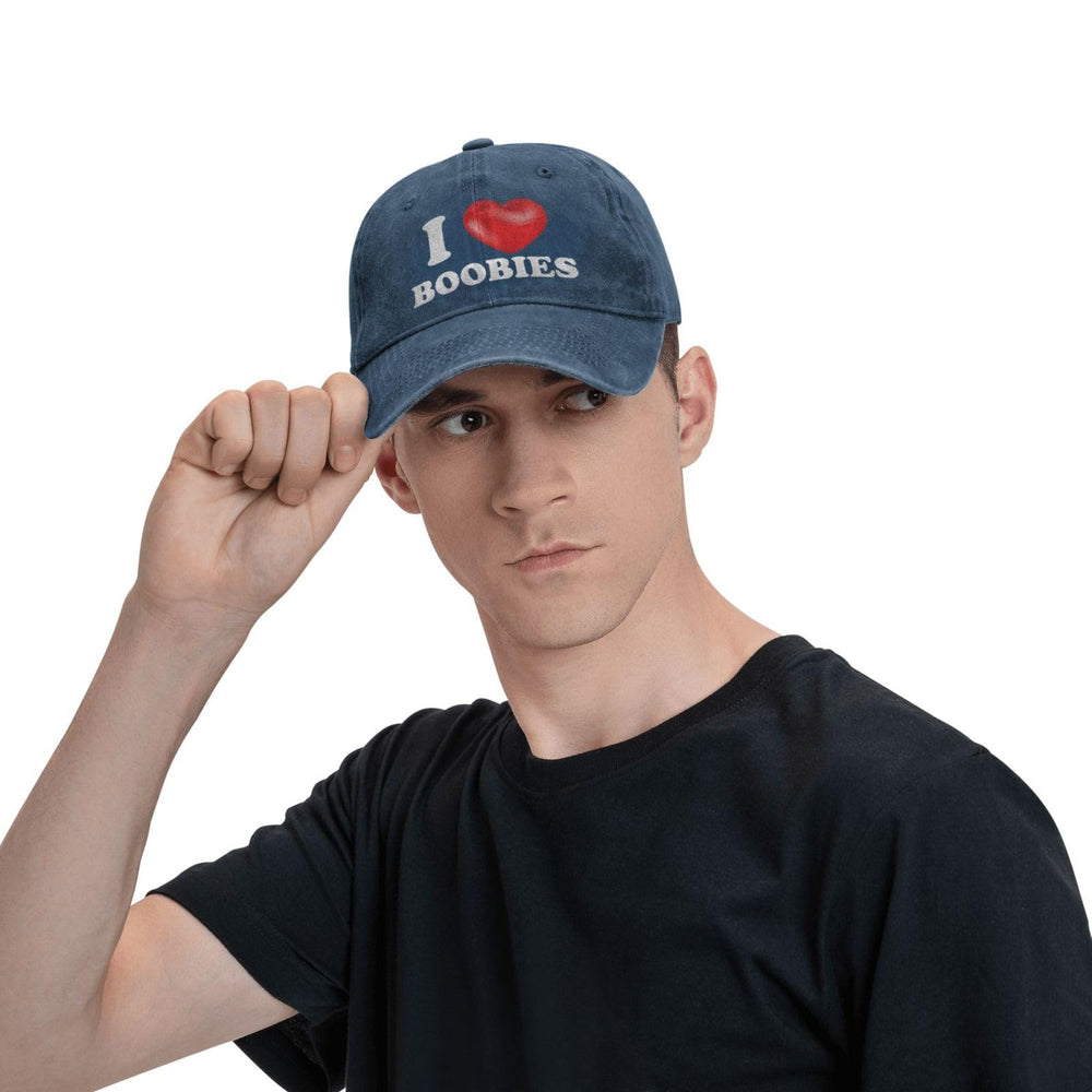 Navy blue fabric and clean lines of the I Love Boobies hat by huesdeaw