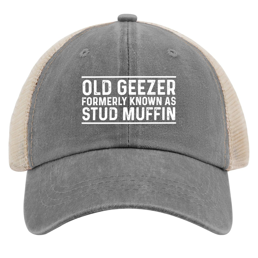 Huesdeaw Old Geezer Stud Muffin Hat front view showing vintage vibe