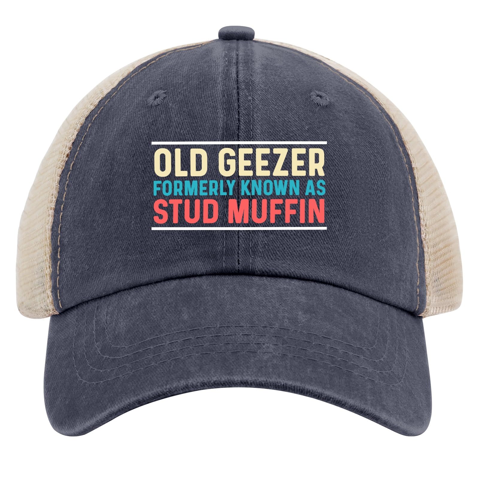 huesdeaw Old Geezer Stud Muffin hat front view with retro style for daily wear