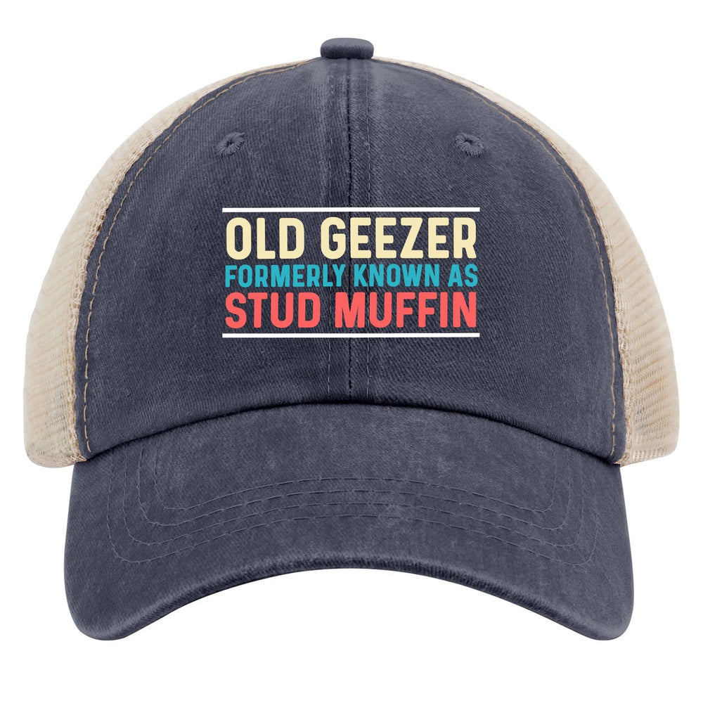 huesdeaw Old Geezer Stud Muffin hat front view with retro style for daily wear