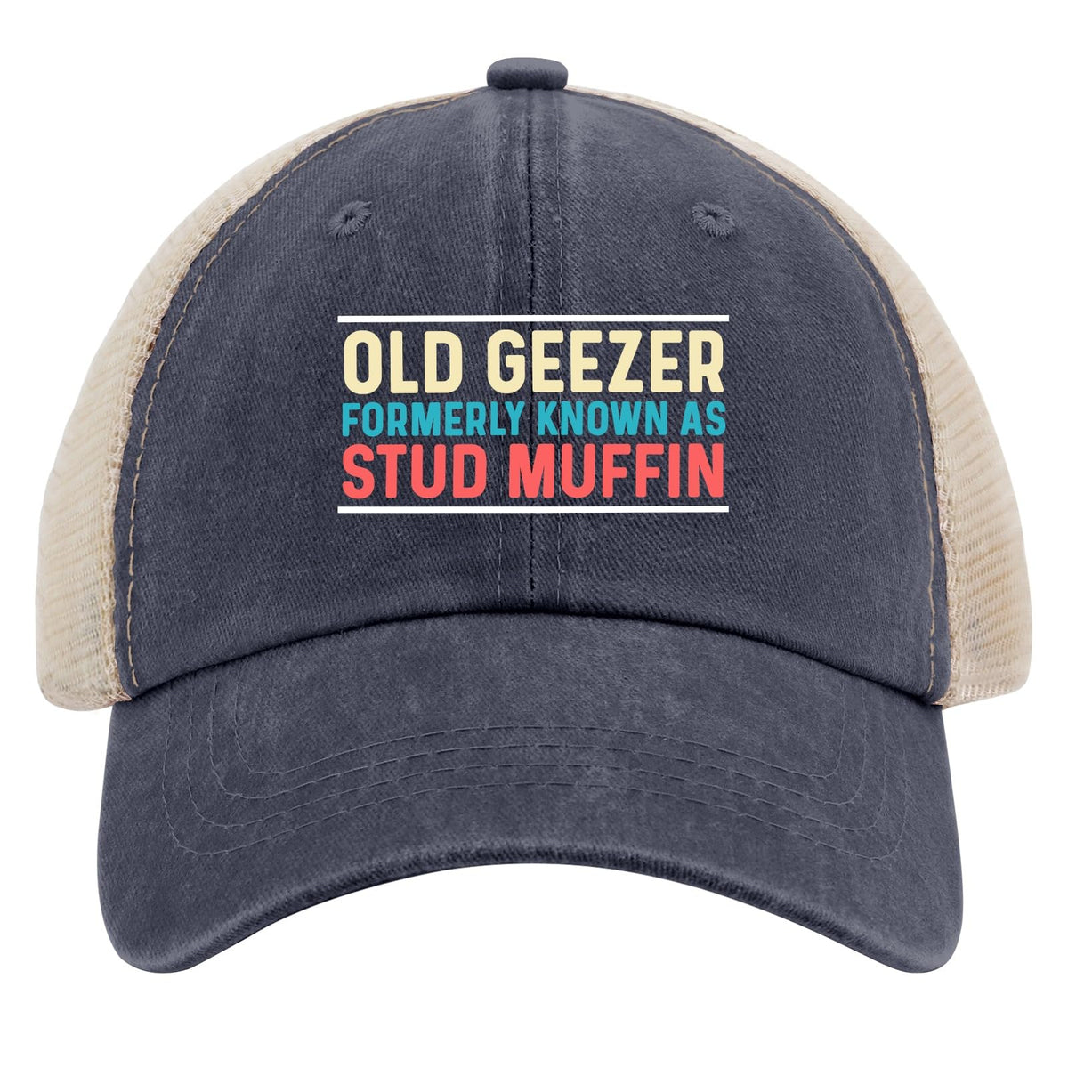 huesdeaw Old Geezer Stud Muffin hat front view with retro style for daily wear