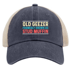huesdeaw Old Geezer Stud Muffin hat front view with retro style for daily wear