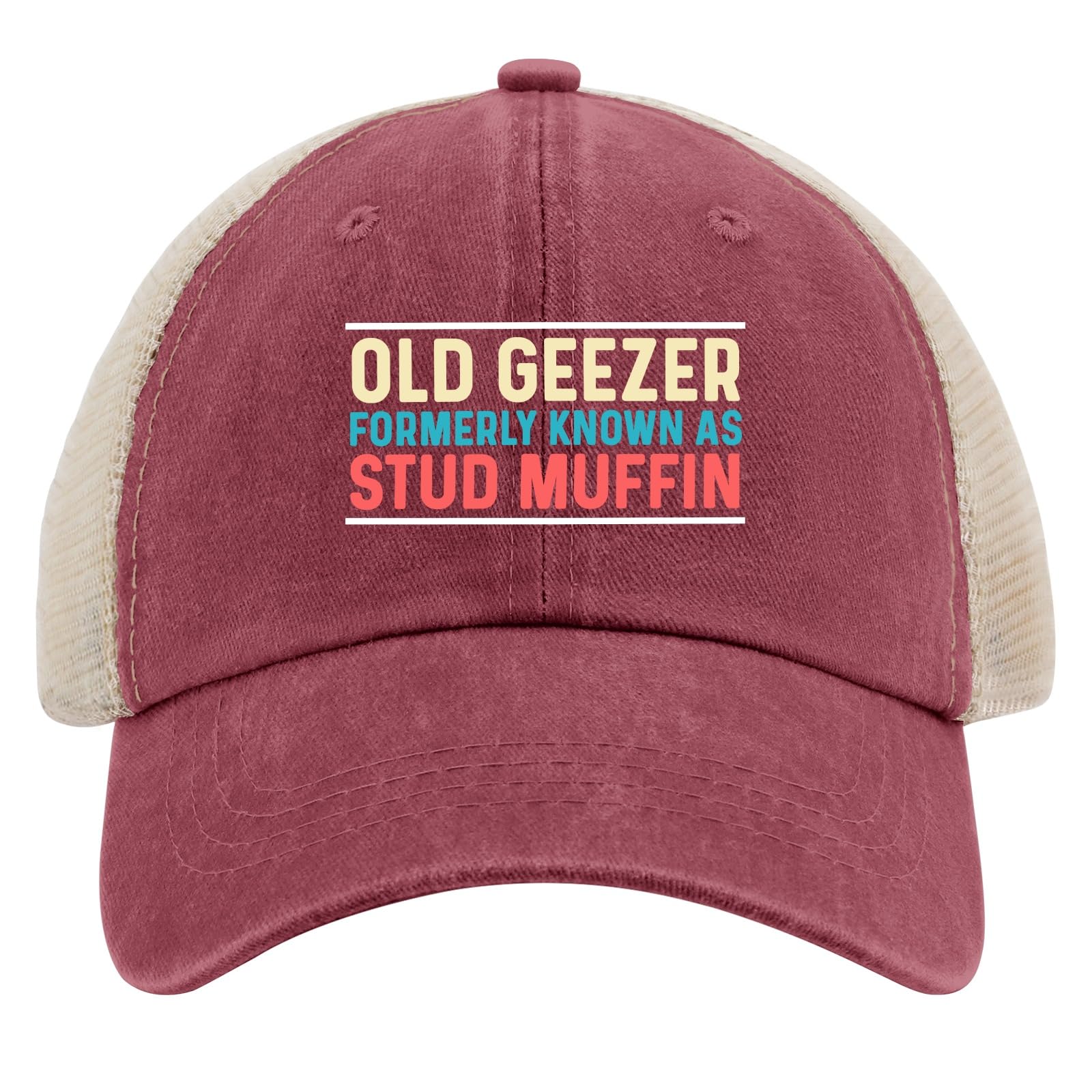 huesdeaw Old Geezer Trucker Hat front view for casual summer style and comfort.