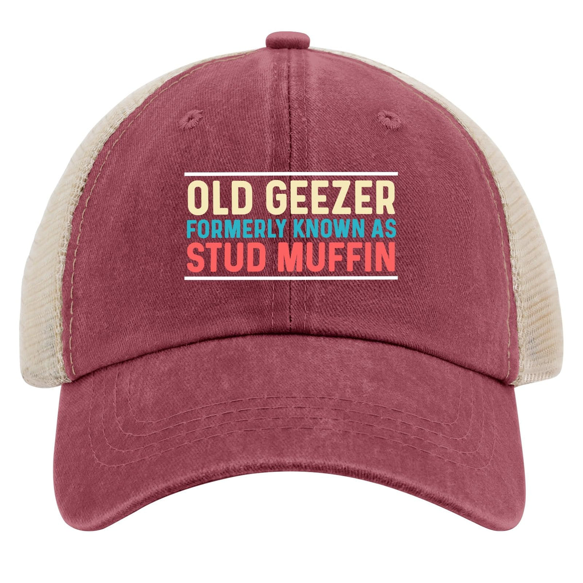 huesdeaw Old Geezer Trucker Hat front view for casual summer style and comfort.