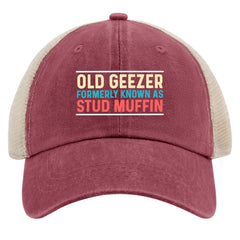 huesdeaw Old Geezer Trucker Hat front view for casual summer style and comfort.