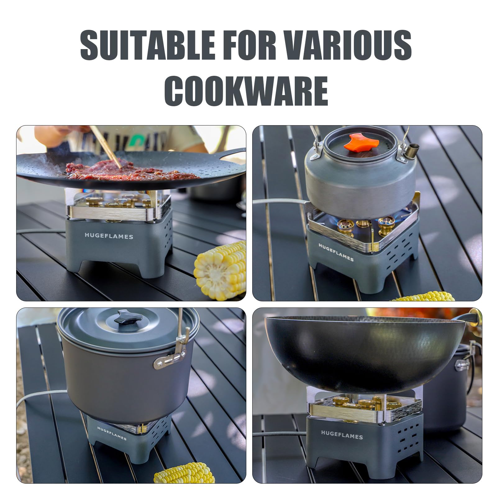 HugeFlames camp stove supports multiple fuels with adapters for flexibility.