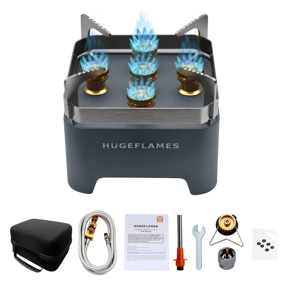 HugeFlames portable camping stove with carrying case ready for easy transport.