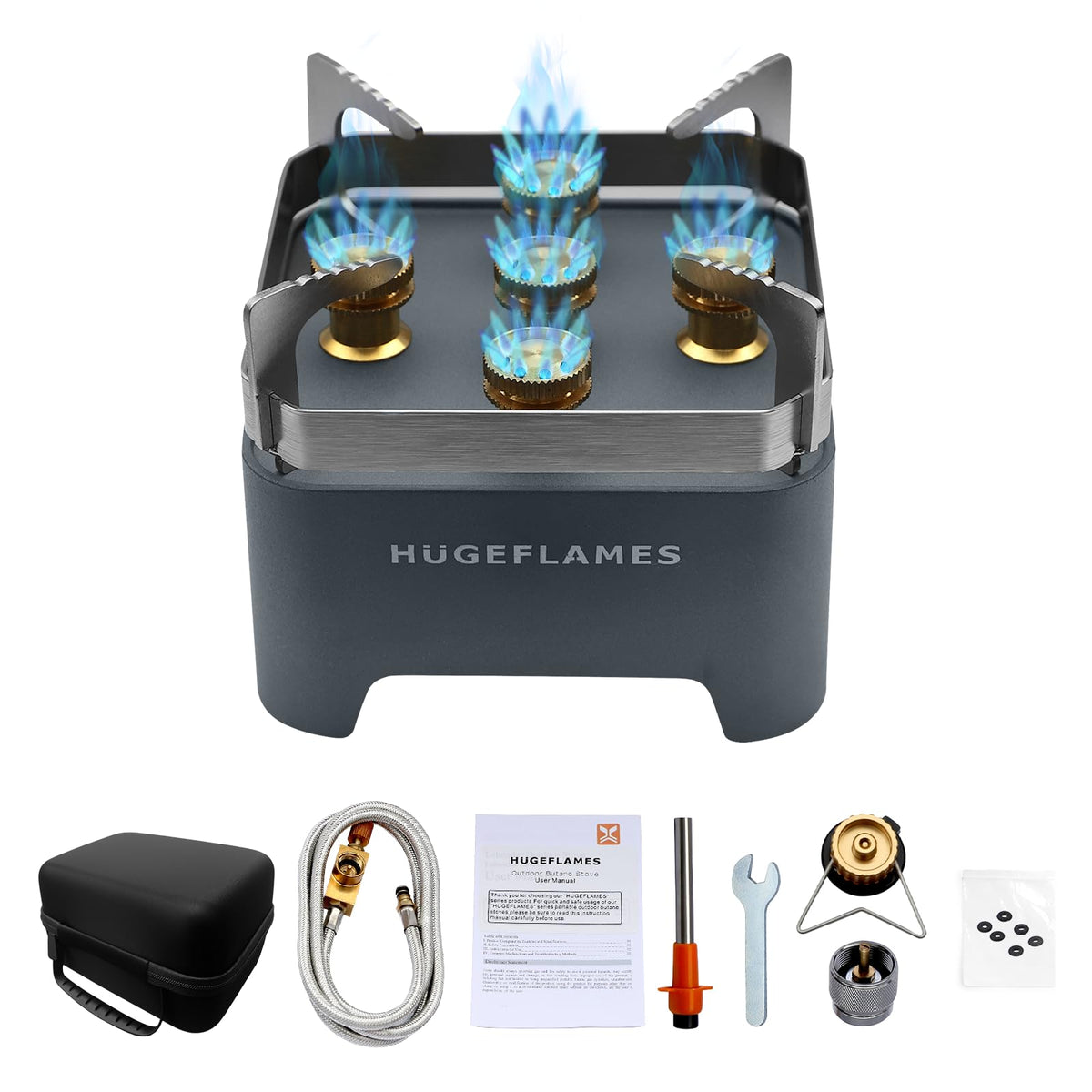 HugeFlames portable camping stove with carrying case ready for easy transport.