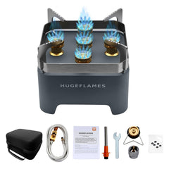 HugeFlames portable camping stove with carrying case ready for easy transport.