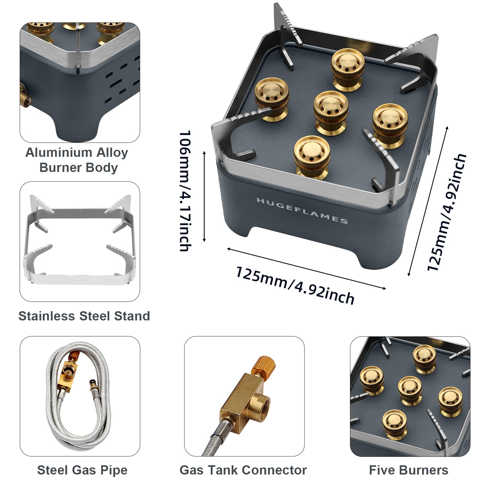 HugeFlames windproof camp stove design maintains flame in windy conditions.