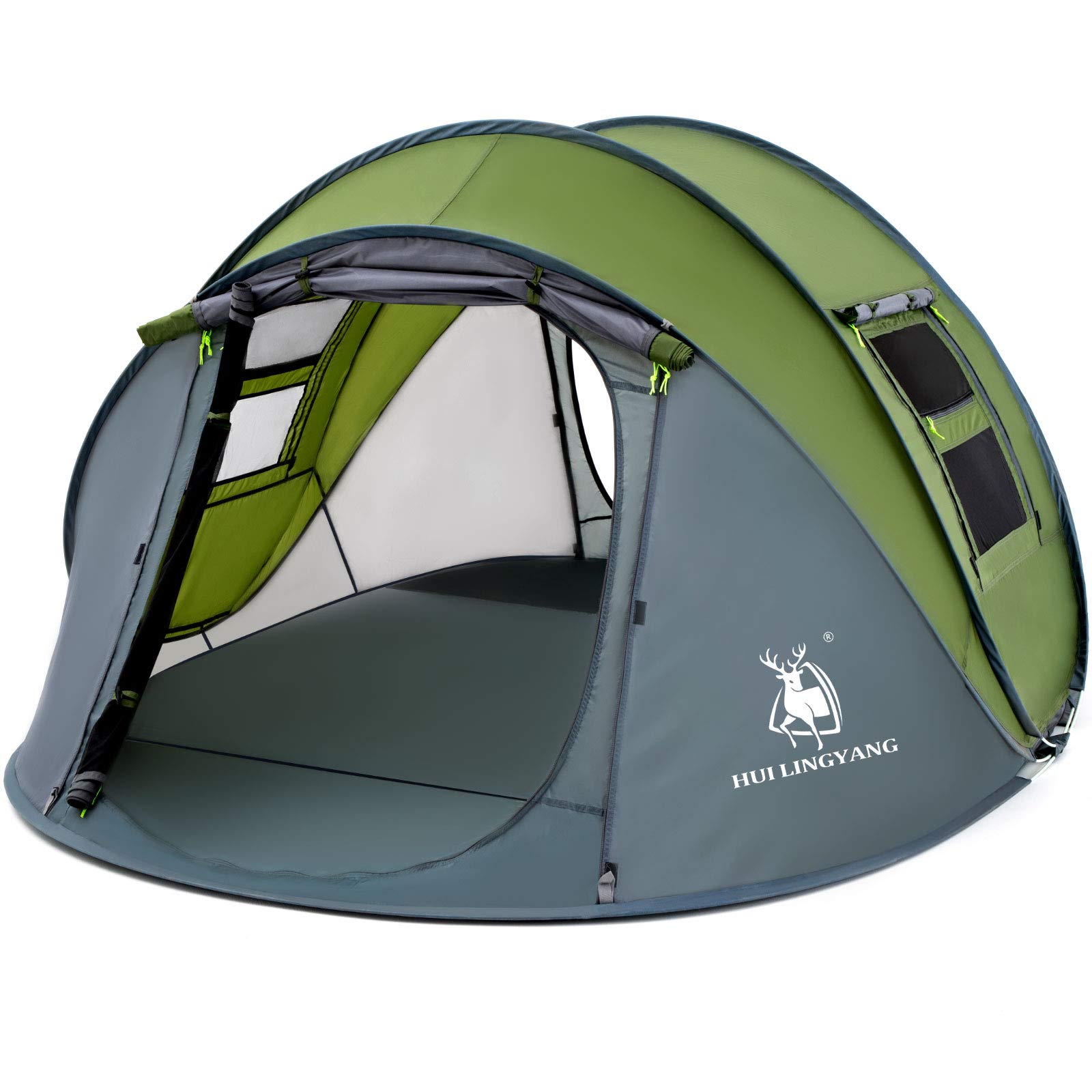 HUI LINGYANG 4-person pop-up tent exterior in green ready for quick family camping.