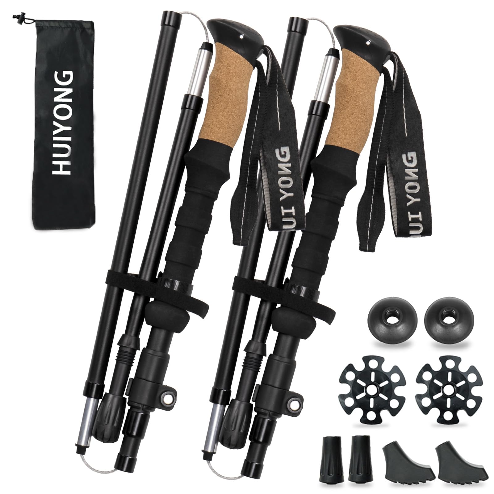 HUINING hiking poles with cork handle folded for easy travel and storage.