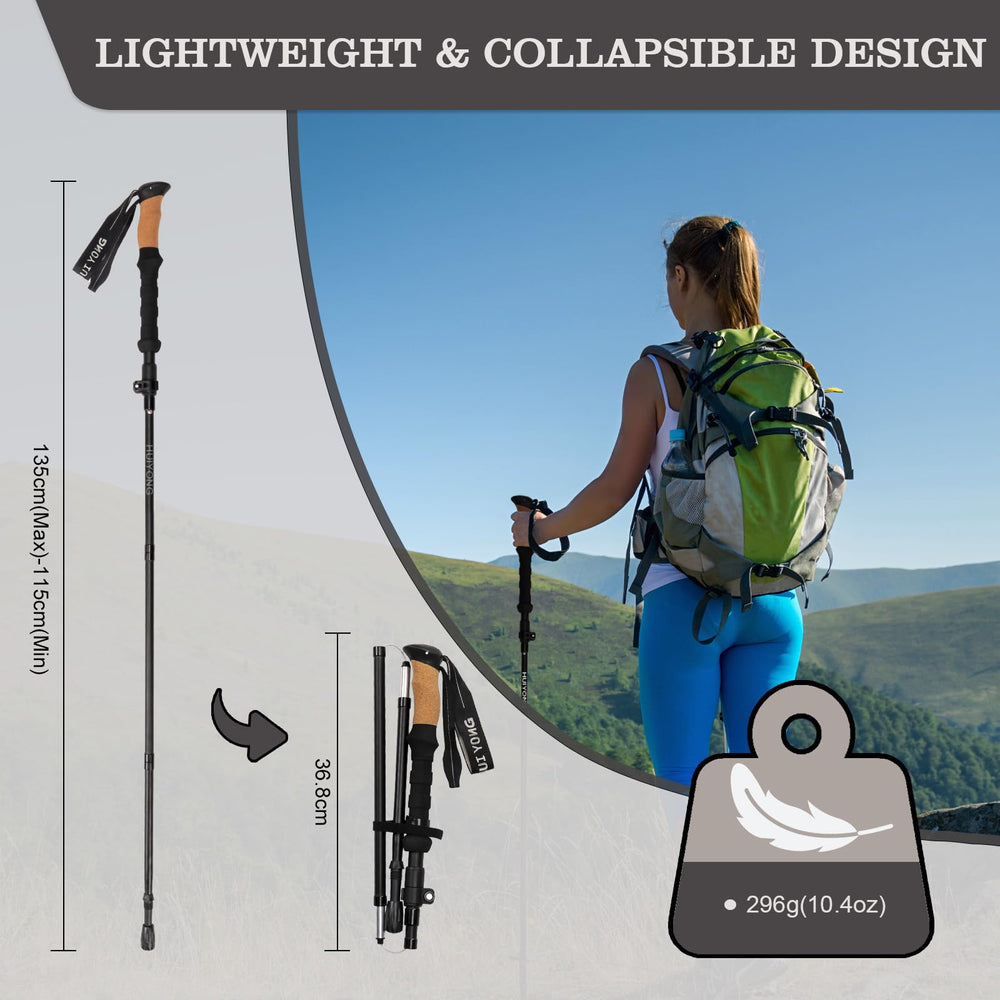 HUINING hiking poles extended to 53.1 inches for versatile terrain adjustments.