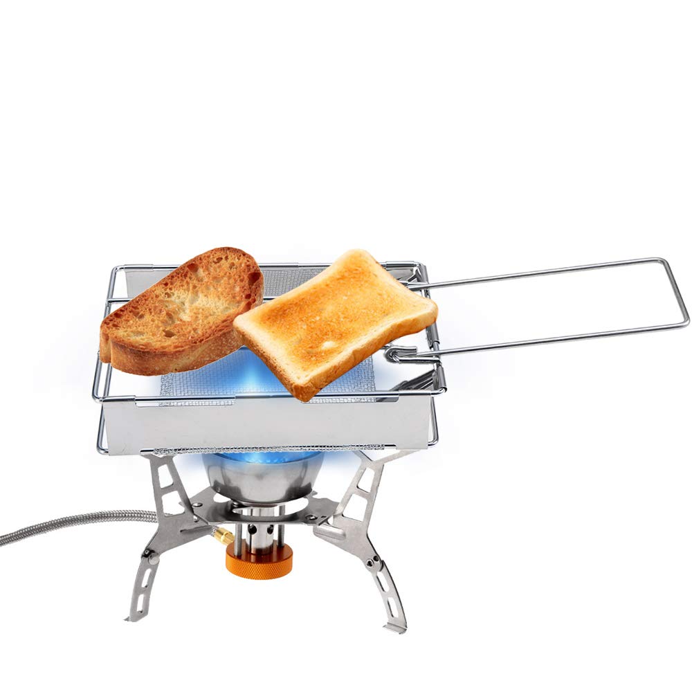 HUIOP camping toaster open plate setup demonstrates quick grilled bread on site