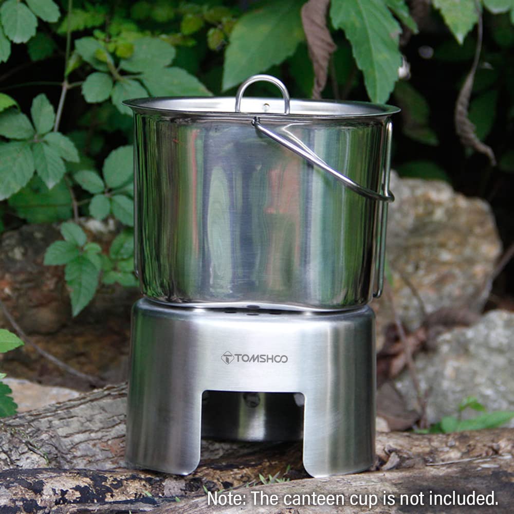 HUIOP canteen cup stand packed for travel near a lake.