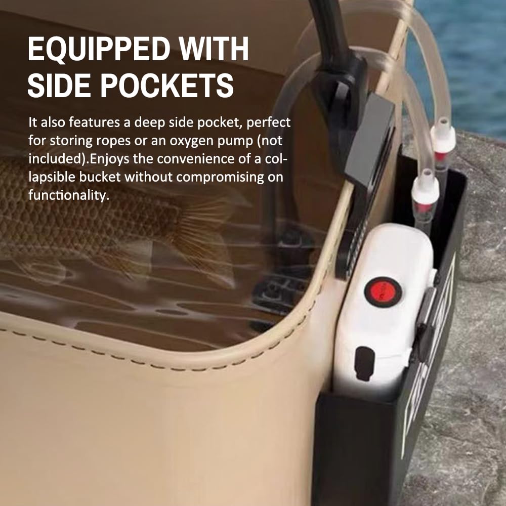 HUIOP collapsible fishing bucket with mesh lid offering ventilation and containment.