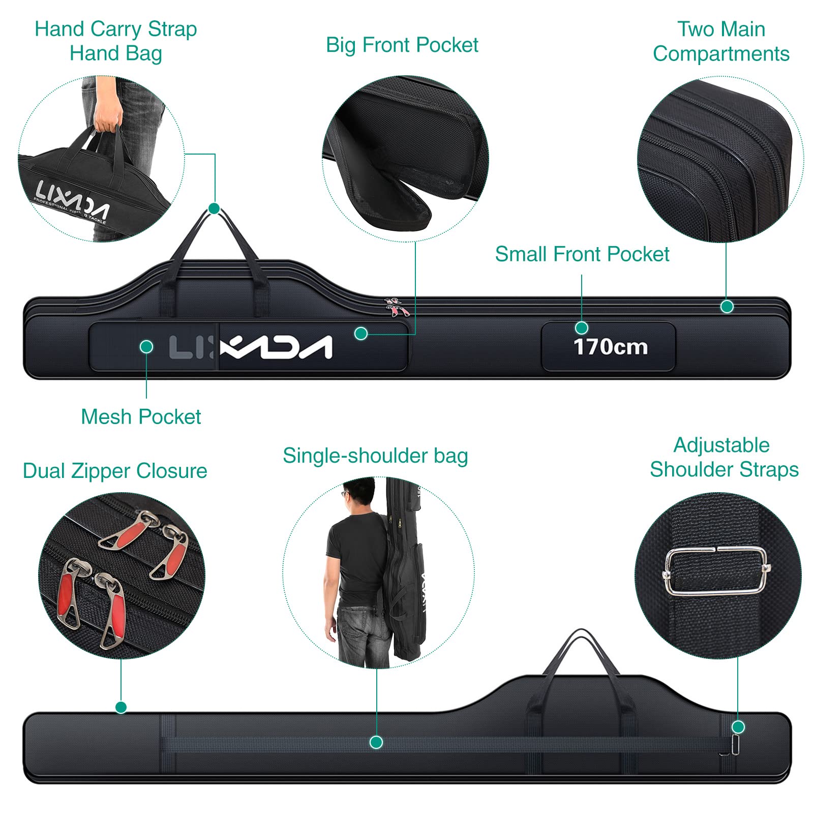 HUIOP bag front zipper pocket for extra tackle storage and organization.