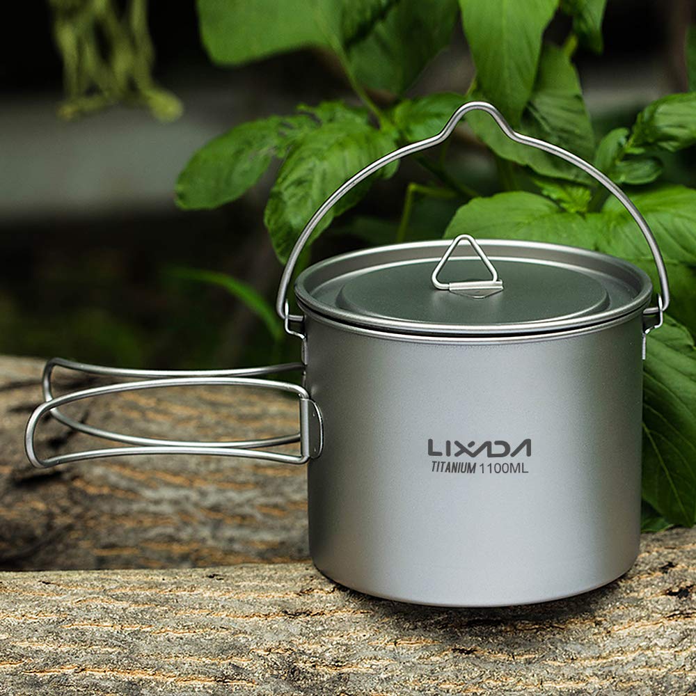 HUIOP titanium pot 1100ml with foldable handle closeup.