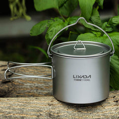 HUIOP titanium pot 1100ml with foldable handle closeup.