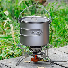 HUIOP 900ml titanium pot in a camping scene for outdoor meals.