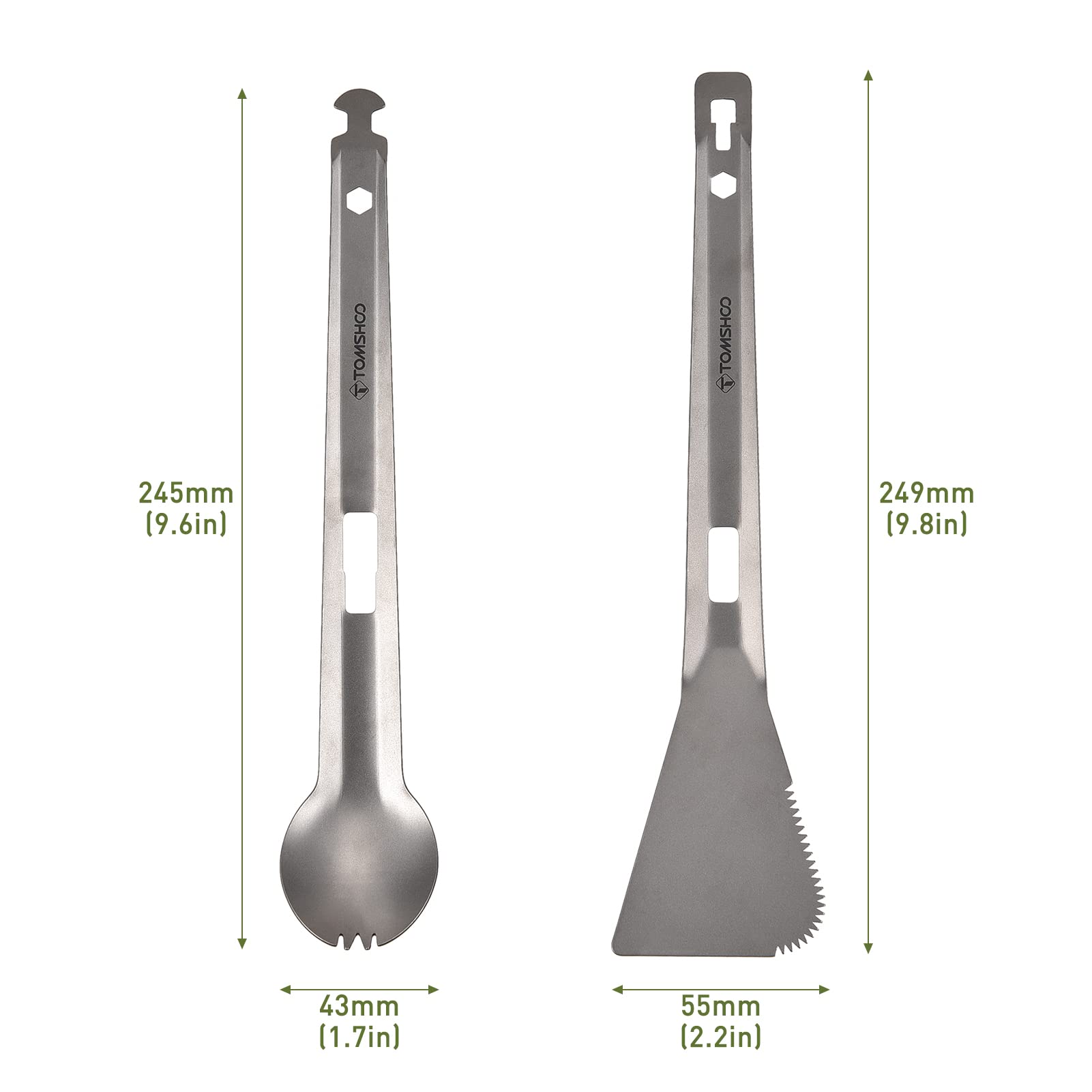 HUIOP Titanium Tongs with serrated spatula, ready to slice veggies or meats during outdoor cooking.