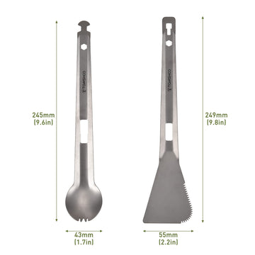 HUIOP Titanium Tongs with serrated spatula, ready to slice veggies or meats during outdoor cooking.