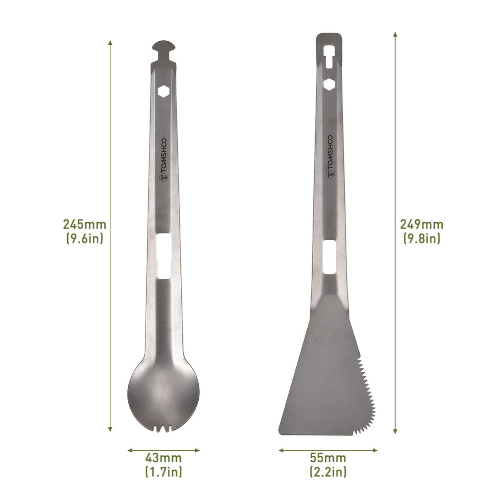 HUIOP Titanium Tongs with serrated spatula, ready to slice veggies or meats during outdoor cooking.