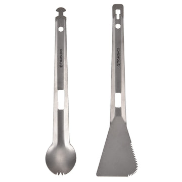 HUIOP Titanium Tongs with Spork attachment, ideal for versatile outdoor meals on hikes.
